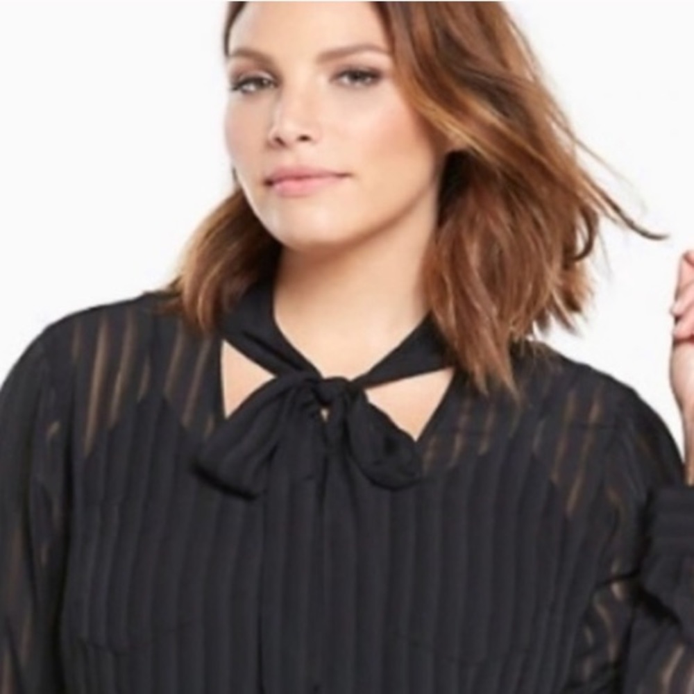 TORRID Shadow Stripe Tie Neck Button Front Top